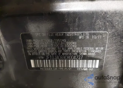 2012 Subaru Impreza 2.0I Premium z USA, uszkodzony, nr VIN JF1GJAC69CH004237